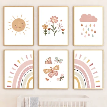 Pink Sun Cloud Rainbow Flower Butterfly Nursery Nordic Posters And Prints Wall Art Canvas Painting Pictures Baby Kids Room Decor