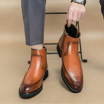 Високо качество кафяво/черно ръчно изработени мъжки ботуши за мъже Челси ботуши чисто нов реколта стил страна с цип високо отгоре кожени обувки