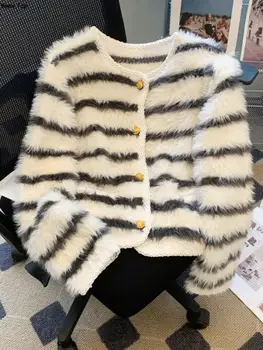 Дамска мода раирана плетено късо палто еднореден пуловер жилетки есен зима реколта меко яке женски топ дрехи
