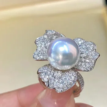 зашеметяващ огромен 10-11mm Южно море перфектен кръг бяла перла цвете пръстен бижута жени пръстени стерлинги сребро 925 сватбен пръстен