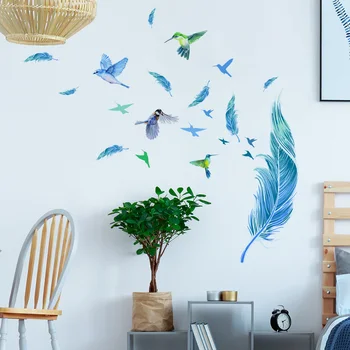 Творчески синьо перо птица стена стикер за спалня хол декорация дома стенопис самозалепващи тапети разкрасяване плакат